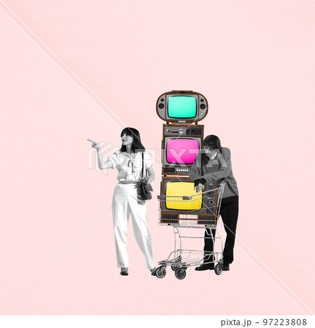 Contemporary art collage. Young couple, man and woman doing shopping. TV sets. Online shopping 97223808