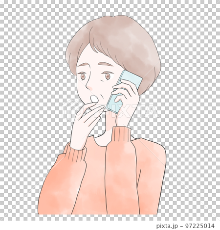 Surprised Illustration of a senior woman making a phone call on her smartphone (watercolor style) 97225014