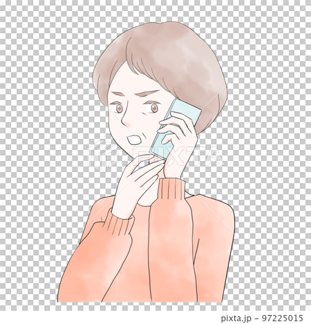 Angry Illustration of a senior woman making a phone call on her smartphone (watercolor style) 97225015