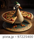 Creative illustration pizza with duck on a plate in a christmas cap 97225400