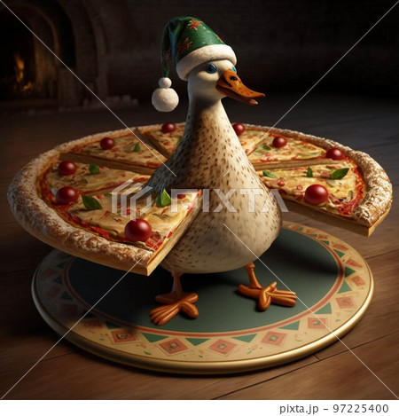 Creative illustration pizza with duck on a plate in a christmas cap Creative illustration pizza with duck on a plate in a christmas cap 97225400