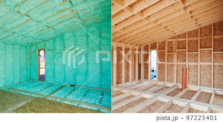 Photo collage before and after thermal insulation room in wooden frame house in Scandinavian style barnhouse. Comparison of walls sprayed by polyurethane foam. Construction and insulation concept. Photo collage before and after thermal insulation room in wooden frame house in Scandinavian style barnhouse. Comparison of walls sprayed by polyurethane foam. Construction and insulation concept. 97225401