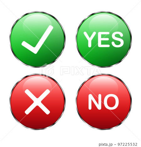 Green tick and red cross. Yes or no. 3D button with shadow on a white background with a metal outline. True or false. Buttons for websites, gadgets, applications, etc. Vector Green tick and red cross. Yes or no. 3D button with shadow on a white background with a metal outline. True or false. Buttons for websites, gadgets, applications, etc. Vector 97225532
