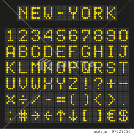 Light yellow digital font, letters and numbers. English alphabet in digital screen. LED board concept for billboards, airport, sports matches, and advertising. Vector 97225556