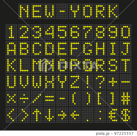 Light yellow digital font, letters and numbers. English alphabet in digital screen. LED board concept for billboards, airport, sports matches, and advertising. Vector 97225557