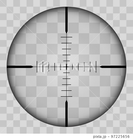 Realistic view of the area of the sniper crossroads with measures. The pattern of the sniper area stands out in a transparent tone. Inspection through the rifle sight. Vector 97225656