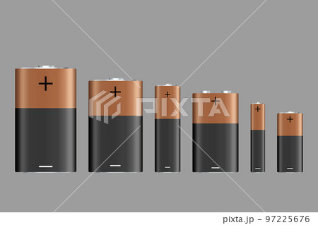 Vector battery, different size, isolated on gray background. Battery sizes or styles, various electronic industrial devices, lithium-chemical electrical components. Vector Vector battery, different size, isolated on gray background. Battery sizes or styles, various electronic industrial devices, lithium-chemical electrical components. Vector 97225676
