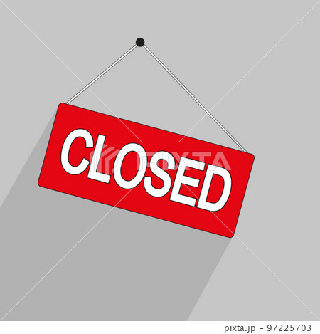 Closed. Door sign with a rope for a cafe-restaurant or shop. Online shopping, illustration design. Isolated on gray background, flat icon. Text label. Vector Closed. Door sign with a rope for a cafe-restaurant or shop. Online shopping, illustration design. Isolated on gray background, flat icon. Text label. Vector 97225703
