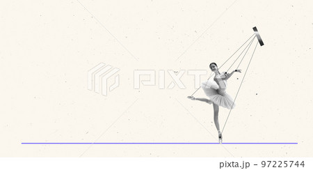 Contemporary art collage. Young girl, ballerina performing on beige background. Tender Contemporary art collage. Young girl, ballerina performing on beige background. Tender 97225744