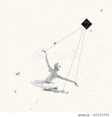 Contemporary art collage. Tenderness. Ballerina, young girl performing over light beige background Contemporary art collage. Tenderness. Ballerina, young girl performing over light beige background 97225745