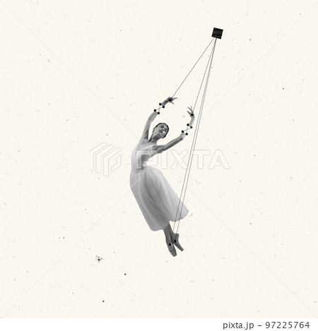 Contemporary art collage. Tender young woman, ballerina performing over light beige background Contemporary art collage. Tender young woman, ballerina performing over light beige background 97225764