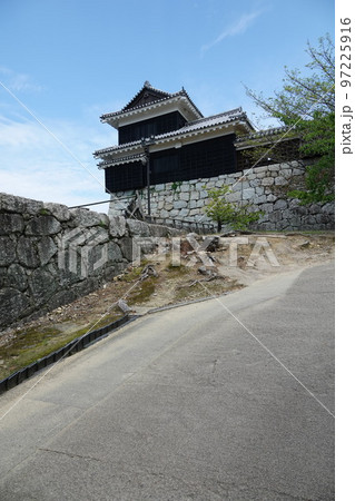 松山市の中心部、勝山(標高132m)にそびえ立つ松山城は、賤ヶ岳の合戦で有名な七本槍の 松山市の中心部、勝山(標高132m)にそびえ立つ松山城は、賤ヶ岳の合戦で有名な七本槍の 97225916
