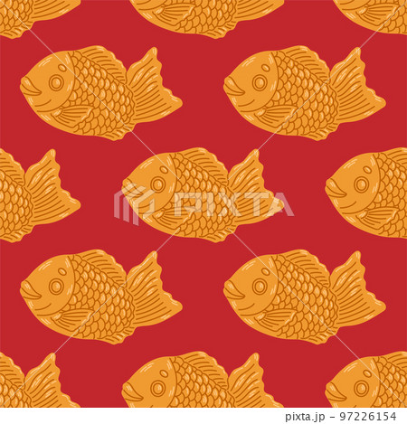 Taiyaki seamless pattern. Fish-shaped cake with red bean filling. Japanese street food. Cartoon vector illustration. 97226154
