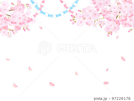 薄いピンク色のかわいい桜の花と折り紙の輪っか飾りー花びら舞い散る春の白バックフレーム背景素材 薄いピンク色のかわいい桜の花と折り紙の輪っか飾りー花びら舞い散る春の白バックフレーム背景素材 97226176