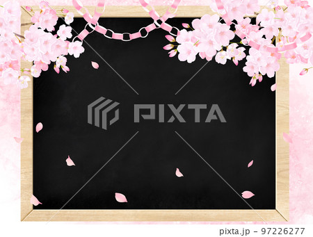 華やかな桜の花と黒板ーピンク色の折り紙の輪っかー春の花びら舞い散る背景素材 華やかな桜の花と黒板ーピンク色の折り紙の輪っかー春の花びら舞い散る背景素材 97226277