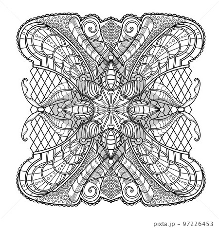 square mandala with abstract linear flower ornaments drawn on a white background for coloring, vector, mandala 97226453