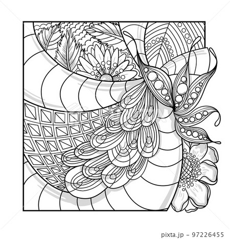 square mandala with abstract linear flower ornaments drawn on a white background for coloring, vector, mandala 97226455