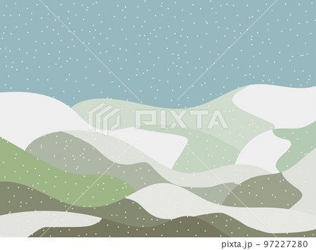 Winter landscape with snowy hills. Mountain landscape in flat style, winter cold weather. View of the snowy hills. Design for posters, travel agencies and promotional items. Vector illustration 97227280