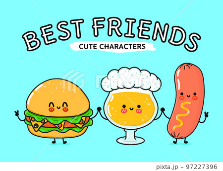 Cute, funny happy glass of beer, hamburger sausage with mustard. Vector hand drawn cartoon kawaii characters, illustration icon. Funny cartoon glass of beer, pizza and sausage mustard friends concept 97227396