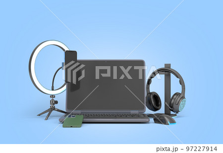 modern laptop with accessories for streaming 3d render image on blue modern laptop with accessories for streaming 3d render image on blue 97227914