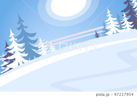 Poster in the forest from winter. Beautiful winter landscape with fir trees. Winter background postcard. 97227954