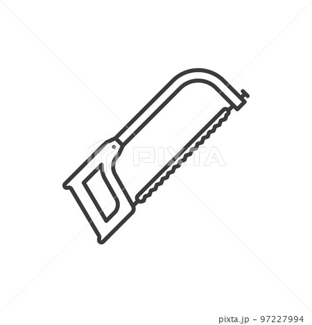 Hand saw woodworking instrument isolated line art icon. Vector fretsaw coping saw carpentry tool, hacksaw construction woodworking equipment. Handyman plywood tool with handle, handy saw of carpenter 97227994