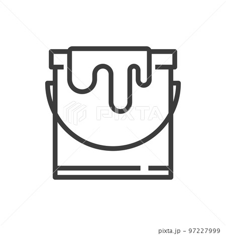 Tin of paint isolated open can outline icon. Vector gallon bucket with wall flush line art sign. Home renovation decoration tool, gallon of dye. Container with liquefiable liquid with liquid paint 97227999