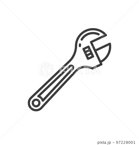 Crescent adjustable wrench isolated outline icon. Vector conventional fixed metal spanner linear sign, spanner open-end wrench with movable jaw. Adjustable-wrench plumber tool plumbing hand instrument 97228001
