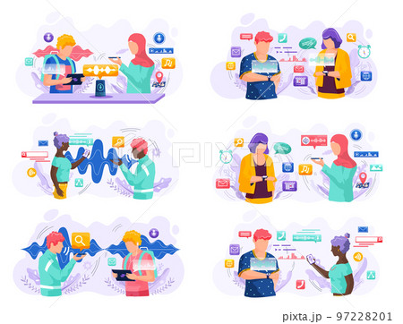 Voice assistant. Smart speaker virtual assistant, sound robot, people using voice controlled smart speaker Voice assistant. Smart speaker virtual assistant, sound robot, people using voice controlled smart speaker 97228201