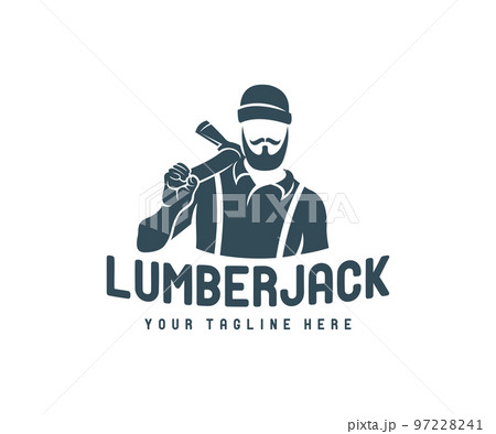Man with an ax, lumberjack with a beard and mustache, in a knitted hat, logo design. Logger, woodsman, lumberman and hipster, vector design and illustration 97228241