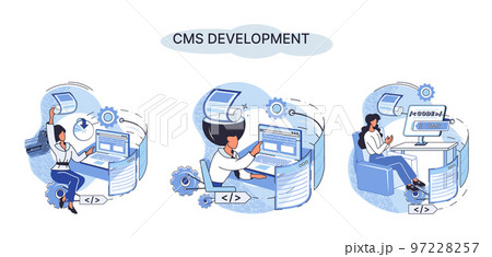 Concept of digital content management system, CMS development software metaphor, program development service technology 97228257