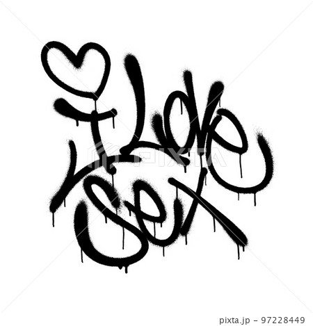 Sprayed i love sex font graffiti with overspray in black over white. Vector illustration. 97228449