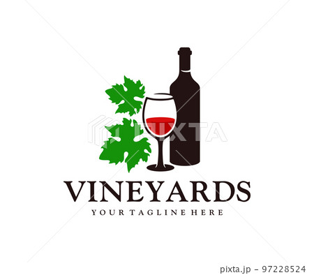 Bottle of wine, glass of wine and grape leaves, logo design. Winemaking, wineries, vineyards and alcoholic drinks, vector design and illustration 97228524