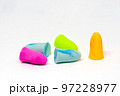Set of colorful earplugs isolated on white background with space for copytext 97228977