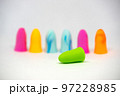 Set of colorful earplugs isolated on white background with space for copytext 97228985