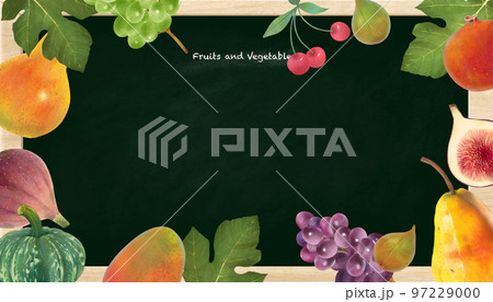 果物や野菜や木の実のシリーズイラストセットとブラックボードに黒板の素材 97229000