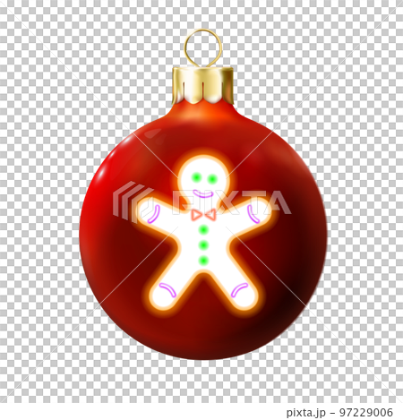 Red Christmas ball decorated gingerbread man, cookie, isolated, neon lamp, glossy realistic bauble. Merry xmas, New year design. Modern fluorescent. Png  97229006