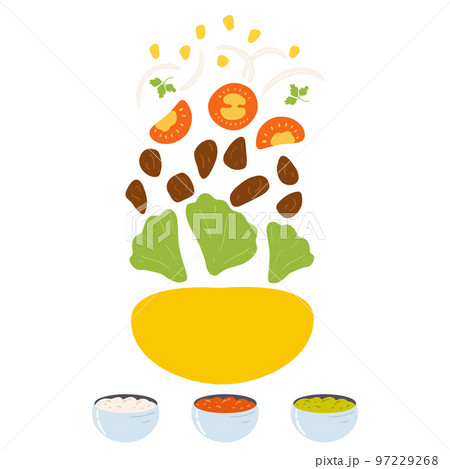 Ingredients for taco in cartoon flat style. Vector illustration of traditional Mexican food, Latin American cuisine with fresh vegetables, meat and corn tortilla 97229268
