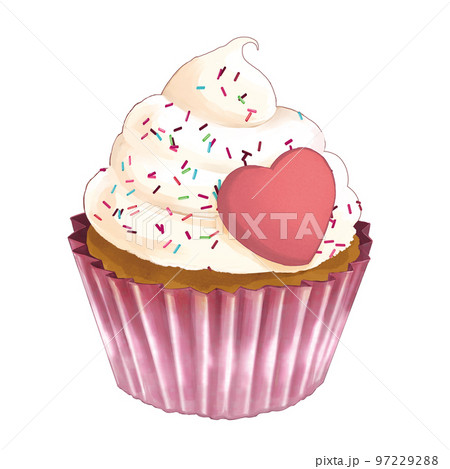ハートのチョコとチョコスプレーが乗ったカップケーキ ハートのチョコとチョコスプレーが乗ったカップケーキ 97229288