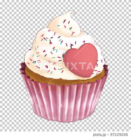 ハートのチョコとチョコスプレーが乗ったカップケーキ ハートのチョコとチョコスプレーが乗ったカップケーキ 97229288