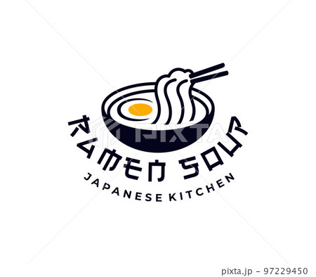 Japanese kitchen, ramen soup, noodles with egg, logo design. Food, restaurant, catering and canteen, vector design and illustration Japanese kitchen, ramen soup, noodles with egg, logo design. Food, restaurant, catering and canteen, vector design and illustration 97229450