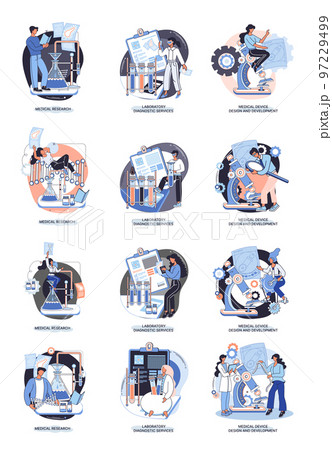 Medical research. Laboratory diagnostic services, medical device design and development scenes set metaphor Medical research. Laboratory diagnostic services, medical device design and development scenes set metaphor 97229499