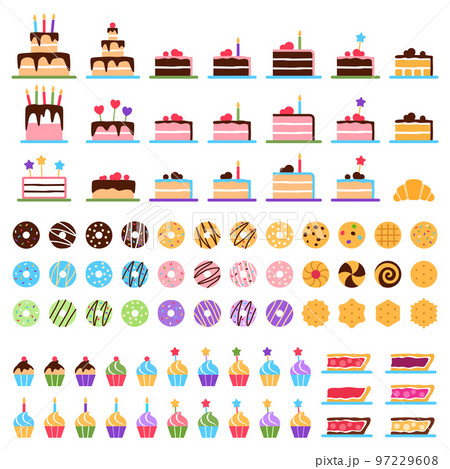 Pastry elements set on white background. Tasty baked healthy dessert collection. Flat biscuit cake donut cookie muffin chocolate pie croissant puff. Cartoon sweet snack french food illustration 97229608