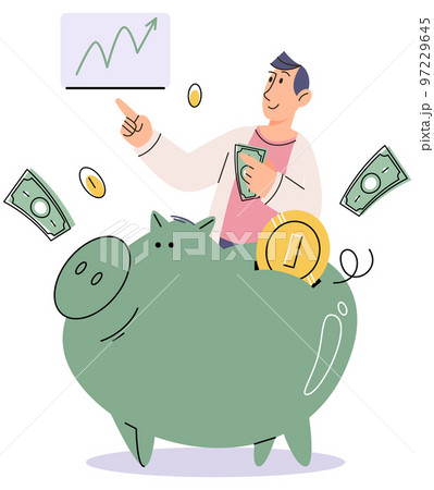 Man puts money in piggy bank with coins and dollar bills. Concept of banking, saving money, deposit 97229645