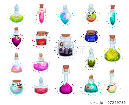 Magic Potion Glass Corked Bottles as Alchemist Liquids Big Vector Set 97229786