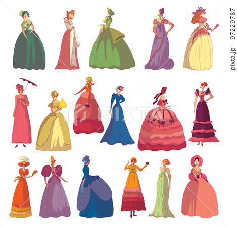 Madam Woman in Standing Pose Wearing Old-fashioned Dress or Ball Gown Big Vector Set 97229787