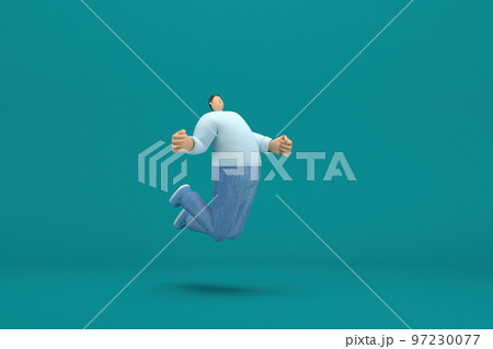 cartoon character wearing jeans and long shirt. He is jumping. 3d rendering in acting. cartoon character wearing jeans and long shirt. He is jumping. 3d rendering in acting. 97230077