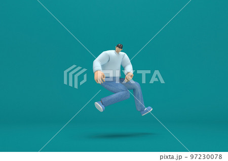 cartoon character wearing jeans and long shirt. He is jumping. 3d rendering in acting. cartoon character wearing jeans and long shirt. He is jumping. 3d rendering in acting. 97230078
