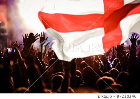 england supporters - double exposure of England flag and football fans celebrating victory england supporters - double exposure of England flag and football fans celebrating victory 97230246