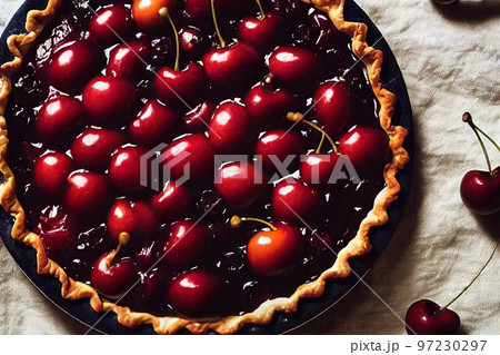 Open cherry pie with filling of bright berry jelly 97230297